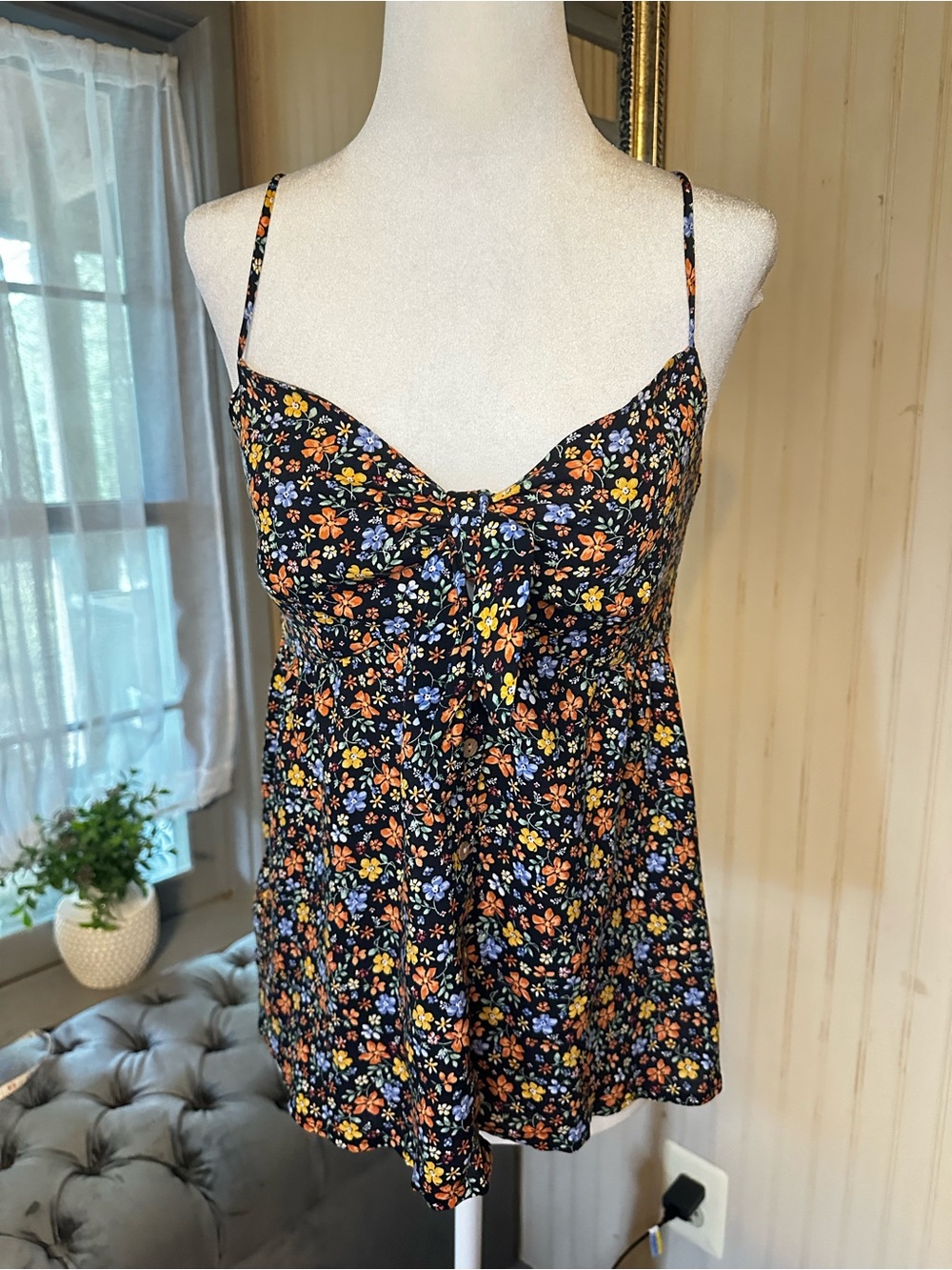 Becaal Floral Babydoll Tank Top Womens Small Boho Cottagecore Tie Front